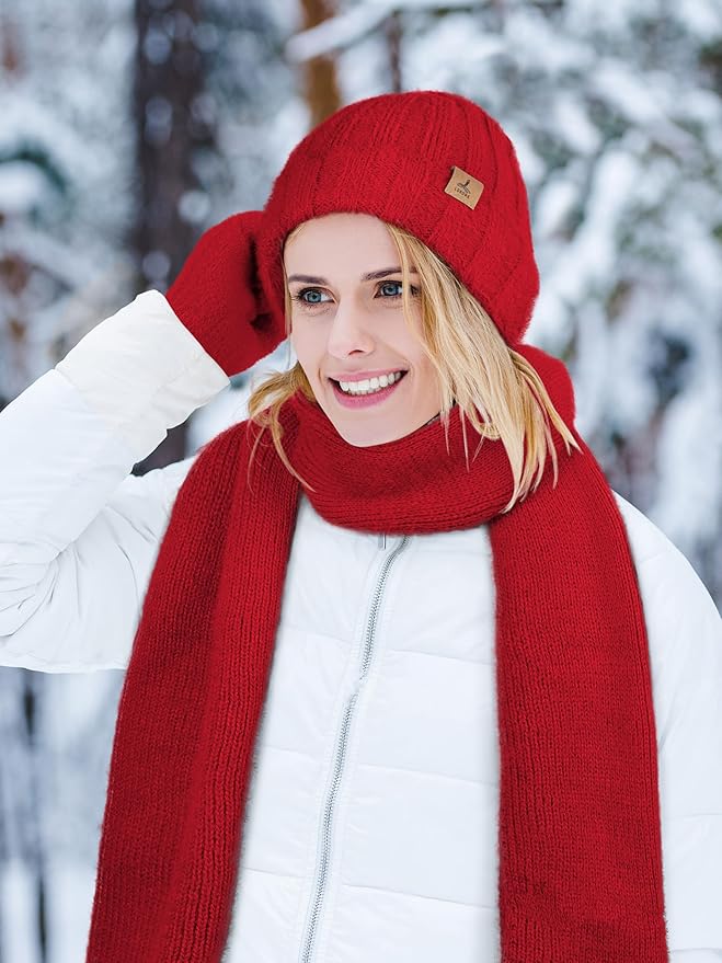Winter Beanie Hat Scarf Gloves, Warm Fleece Knit Hat Long Scarf Neck Warmer Touch Screen Winter Gloves Set Gifts for Women