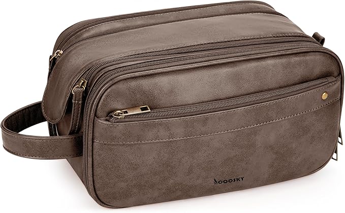 Travel Toiletry Bag for Men, Large Hanging Toiletries Organizer Bags for Women, Cruise Ship Essentials, Water-resistant Shaving Case, PU Leather Makeup Accessories Cosmetic Dopp Kit, Dark Brown