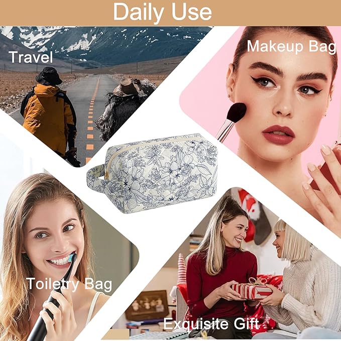 Makeup Bag Travel Cosmetic Bag for Women, Zipper Make Up Pouch, Floral Flowers Toiletry Organizer Makeup with Handle, Cosmetic Travel Cloth Bag (Navy Blue Flower)