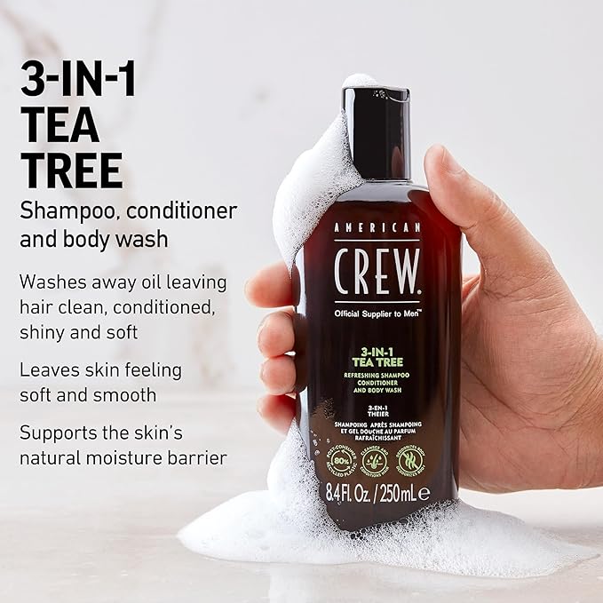 American Crew Shampoo, Conditioner & Body Wash for Men, 3-in-1, Gift for Men, Tea Tree Scent, 8.4 Fl Oz