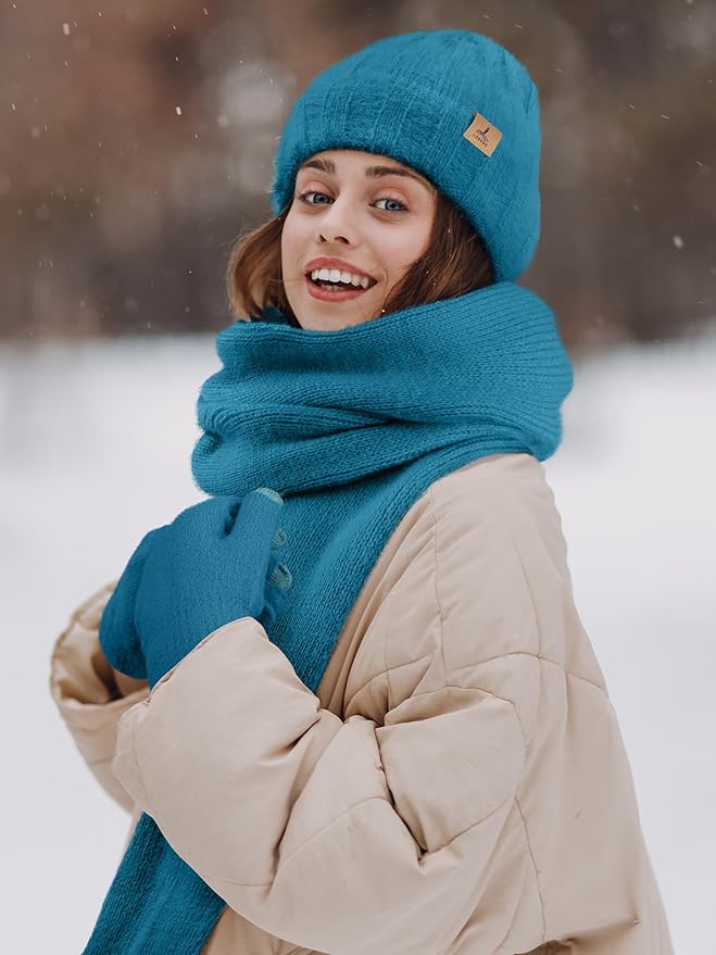 Winter Beanie Hat Scarf Gloves, Warm Fleece Knit Hat Long Scarf Neck Warmer Touch Screen Winter Gloves Set Gifts for Women