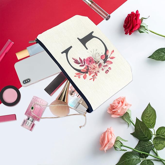 Initial A-Z Personalized Floral Makeup Bag, Monogrammed Birthday Gifts for Women Mom, Mothers Day Christmas Gift Ideas for Best Friend, Bride Bridesmaid, Her, Grandma, Small Travel Cosmetic Bag (G)