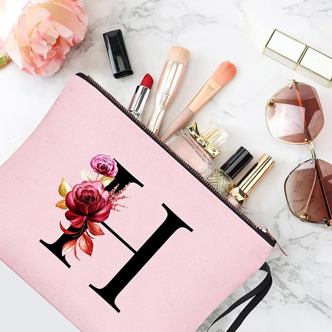 Vavabox A-Z Personalized Makeup Bag, Birthday Gifts for Women Mom, Gifts for Best Friend, Bride Bridesmaid Cosmetic bag (H, Pink)