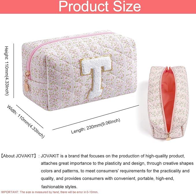 JOVAKIT Makeup Bag Cosmetic Bags for Women, Christmas Gifts for Girls Age 6-18, Alphabet Pink Floral Coquette Zipper Travel Makeup Pouch, Organizer Case Trendy Stuff (Pink Floral T)