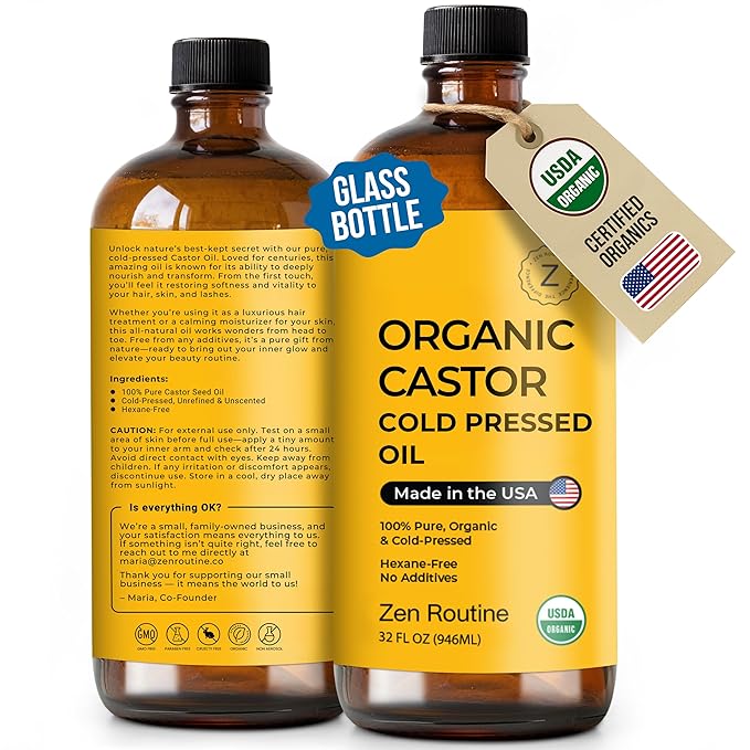Zen Routine Organic Castor Oil (32oz Big Glass Bottle) Hexane Free – Hair Growth Oil, Eye Lashes & Stomach – Pure 100% Cold Pressed Unrefined Oil for Castor Pack – USDA Certified, Made in the USA