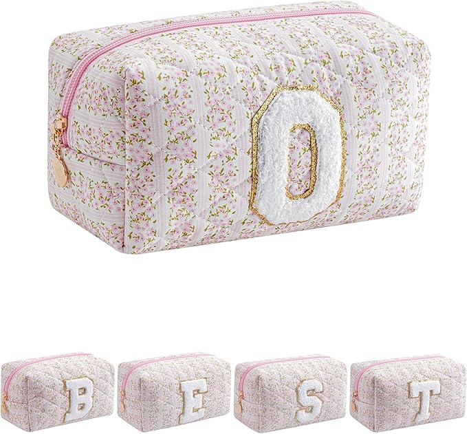 JOVAKIT Alphabet Makeup Bag Cosmetic Bag for Women, Christmas Gifts for Girls Age 6-18, Floral Flowers Coquette Travel Toiletry Zipper Make Up Pouch Organizer Trendy Stuff (Pink Floral O)