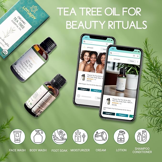 Organic Tea Tree Oil for Skin, Hair, Face, Scalp, Nails, 100% Pure Australian Tea Tree Essential Oil for Room Linen Spray, Diffuser -1 Oz