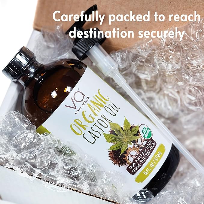 VITAL AFFAIR Pure Castor Oil Organic Cold Pressed Unrefined Glass Bottle-USDA Certified for Castor Oil Pack Wrap for Face,Hair Growth,Eyelashes,Eyebrows-16oz