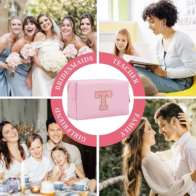 Personalized Initial Letter Patch Makeup Bag, Preppy Small Chenille Cosmetic Bag with Zipper, PU Leather Waterproof Travel Toiletry Bag Monogram Make Up Pouch for Women Girls