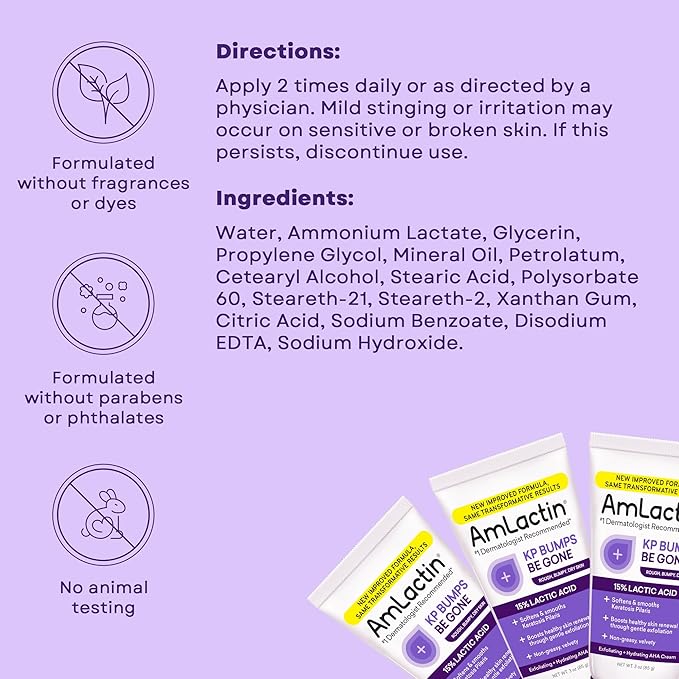 AmLactin KP Bumps Be Gone - Therapeutic Body Cream for Keratosis Pilaris - No-Scrub Exfoliator and Moisturizer with 15% Lactic Acid AHA, 3 oz, Pack of 2 (Packaging May Vary)