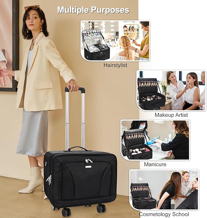 MONSTINA Rolling Makeup Train Case with 4 Detachable 360-Degree Rotation Wheels,Professional Trolley Cosmetic Case, 3-Layer Extra Large Organizer Cart for Makeup Artist Hairstylist