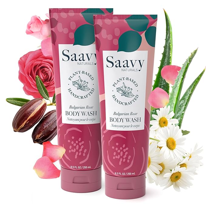 Saavy Naturals Body Wash Bulgarian Rose Plant-Based Ingredients| Made In USA | Sensitive Skin Body Washl Organic Formula With Coconut Oil, Shea Butter, And Aloe Vera - 8.5 Fl Oz, 2 Pack
