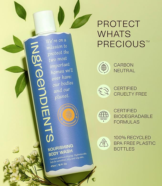 Ingreendients Moisturizing Body Wash For Dry, Sensitive & All Skin Types - Natural, Organic, Non-Toxic, pH Balanced, Vegan, Sulfate-Free, Paraben-Free, Gluten-Free (16 FL. OZ)