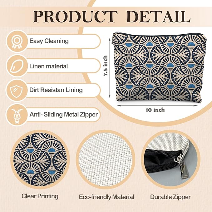 Boho Makeup Bag Gifts for Women, Sunset Leaf Aesthetic Makeup Pouch(Blue)