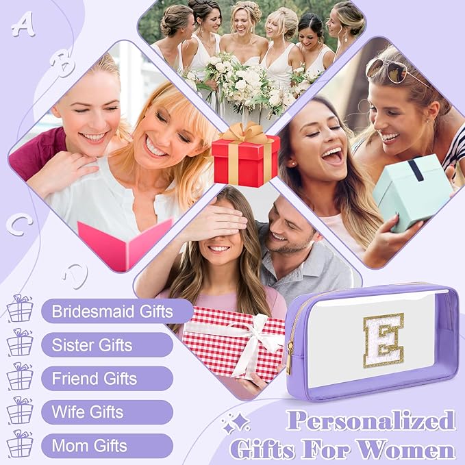 Personalized Initial Letter Clear Makeup Bag,Preppy Small Nylon&PVC Cosmetic Zipper Bag with Chenille Letter,Travel Skincare Toiletry Bag,Monogram Christmas Gift for Teen Girls Women,E