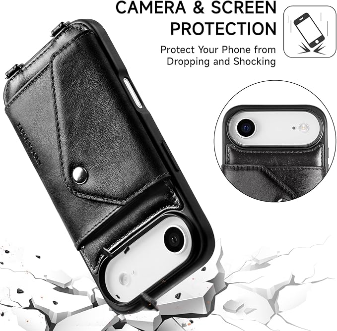 LUCKYCOIN Crossbody Wallet Phone Case for iPhone Air,100% Genuine Leather Wallet Phone Case with Expandable Flip Card Holder,Phone Purse for Women with Adjustable Removable Strap - Black