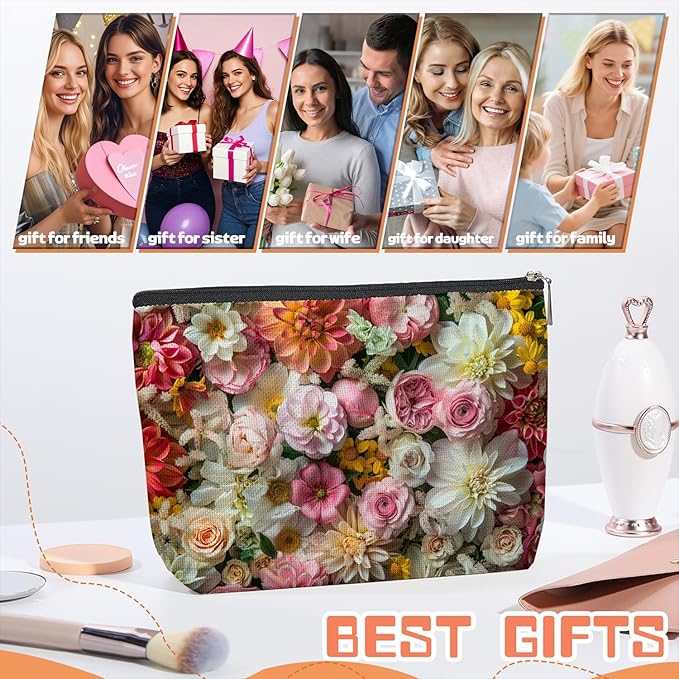 Makeup Bag Travel Cosmetic Bags Small Makeup Case Waterproof Zipper Pouch for Women Girls 7X9inches - Exuberant Array of Multicolored Fresh Flowers