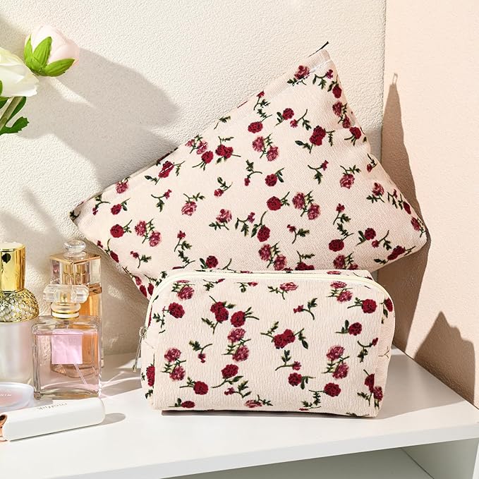 SOIDRAM 2 Pieces Rose Makeup Bag Large Corduroy Cosmetic Bag Capacity Canvas Mix Travel Toiletry Bag Organizer Cute Makeup Brushes Aesthetic Accessories Storage Bag for Women, Rose Mix White
