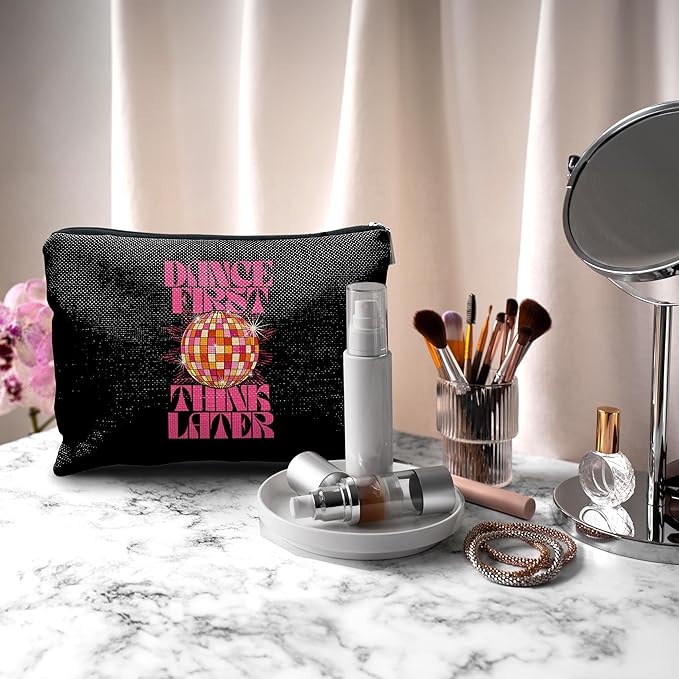 Nogrit Dancer Makeup Bag,Dance First Think Later Trendy Hot Pink Disco Ball Inspirational Makeup Travel Toiletry Bag,Dancing Gifts for Women,Gifts for Dance Lovers