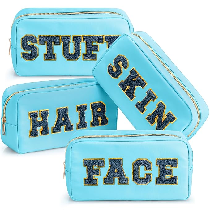 Remerry 4 PCS Nylon Cosmetic Bags Waterproof Spacious Travel Makeup Organizer for Women Chenille Letter Preppy Zipper Pouch Face Stuff Skin Hair Organizer Gift(Blue Color)