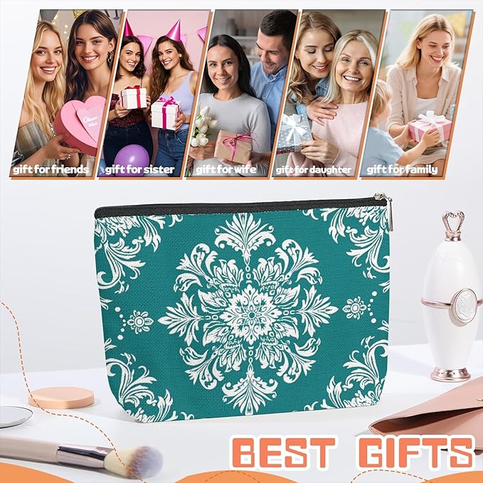 Makeup Bag Travel Cosmetic Bags Small Makeup Case Waterproof Zipper Pouch for Women Girls 7X9inches - White Floral Ornamentation in A Circular Layout