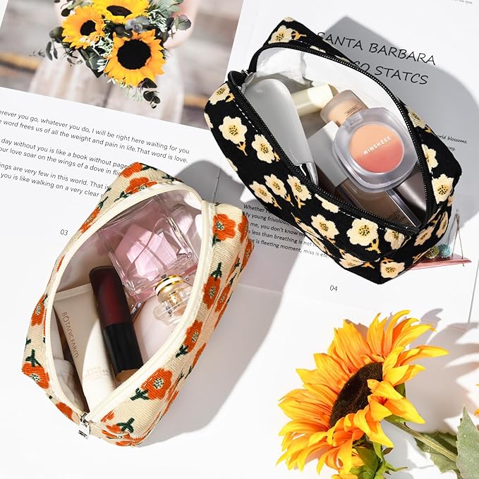 SOIDRAM 2 Pieces Makeup Bag Floral Cosmetic Bag Purple Blue Makeup Pouch Travel Toiletry Bag Organizer Cute Makeup Brushes Storage Bag for Women