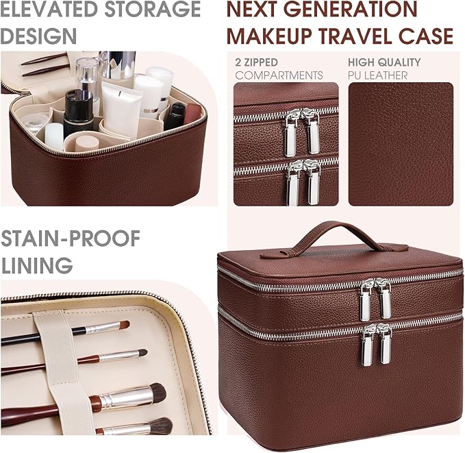 Makeup Case, Large Capacity Waterproof Double Layer Cosmetic Bag with Removable Divider, Double Compartment Brush Organizer, Multi-functional Travel Organizer