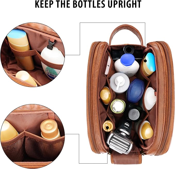 Travel Toiletry Bag for Men, Large Hanging Toiletries Organizer Bags, Cruise Ship Essentials, Water-resistant Shaving Case, PU Leather Makeup Accessories, Cosmetic Dopp Kit, Brown