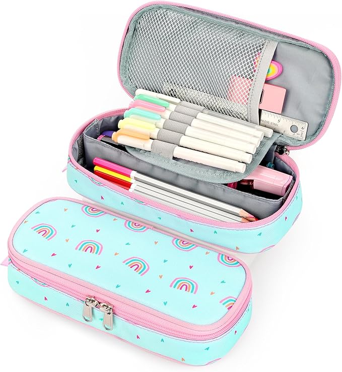 mibasies Girls Pencil Case for Kids, Multi-Slot Pencil Pouch, Rainbow Mint Green