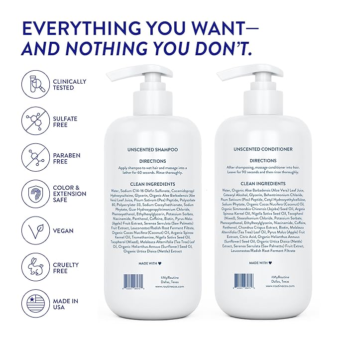 Routine Wellness Anti-Thinning Shampoo and Conditioner Set for Thinning Hair - Biotin DHT Blocker Women & Men - Color Safe Shampoo for Hair Loss & Healthier Hair - Unscented (Pack of 2)