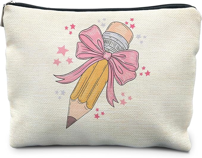 Coquette Pink Bow Teacher Makeup Bag, Teacher Appreciation Gifts Cosmetic Bags for Women, End of Year Teachers Gifts, Preppy Zipper Makeup Pouch for Teachers