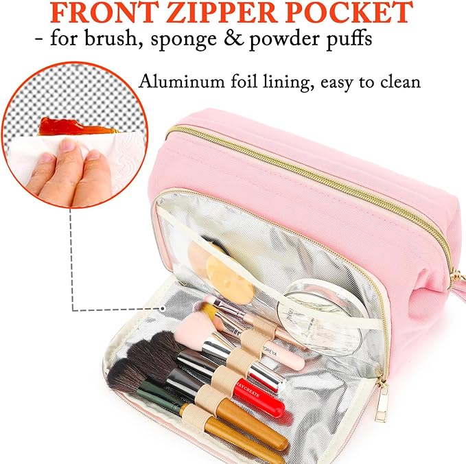 Travel Makeup Bag, Wide-open Cosmetic Bag Make Up Organizer Case with Brushes Pocket for Women, Large Family Toiletry Bag Skincare Pouch for Toiletries Accessories