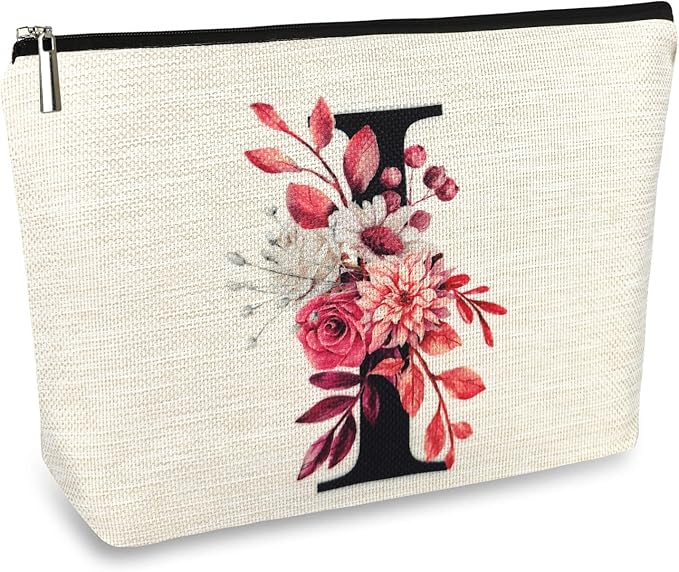 Initial A-Z Personalized Floral Makeup Bag, Monogrammed Birthday Gifts for Women Mom, Mothers Day Christmas Gift Ideas for Best Friend, Bride Bridesmaid, Her, Grandma, Small Travel Cosmetic Bag (I)