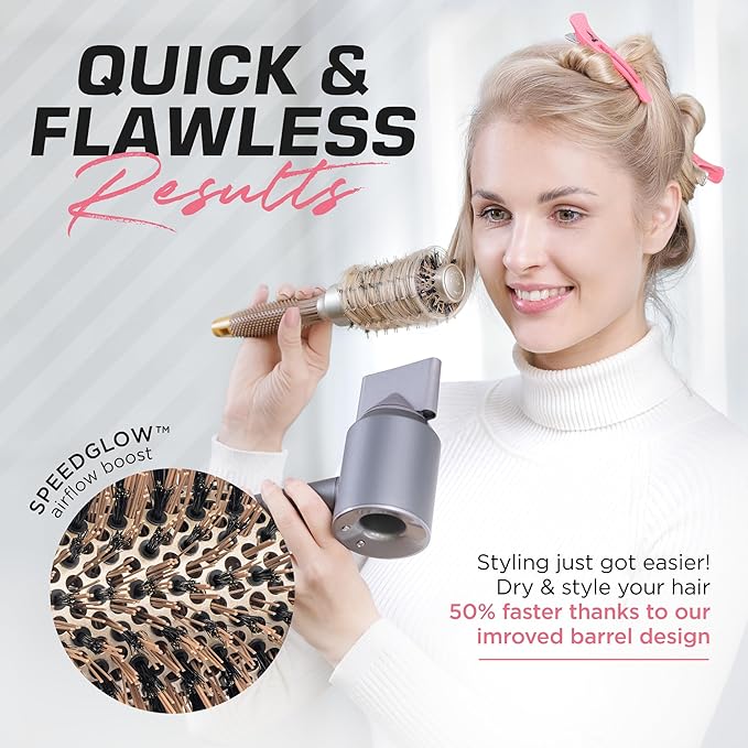 Fagaci Small Round Brush for Blow Drying with Natural Boar Bristle, Hair Styling, Drying, Healthy Hair and Add Volume, Ceramic Gold, Hair Brush + 4 Styling Clips