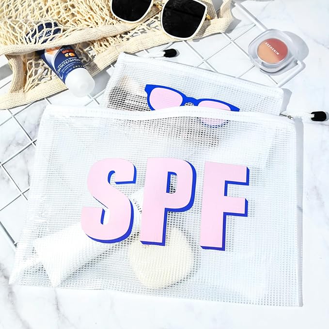 SOIDRAM 2PCS SPF Makeup Bag Clear Zippered SPF Bag Cosmetic Pouch Waterproof Travel Toiletry Organizer for Women Varsity Letter Patch Beach Pool Essentials