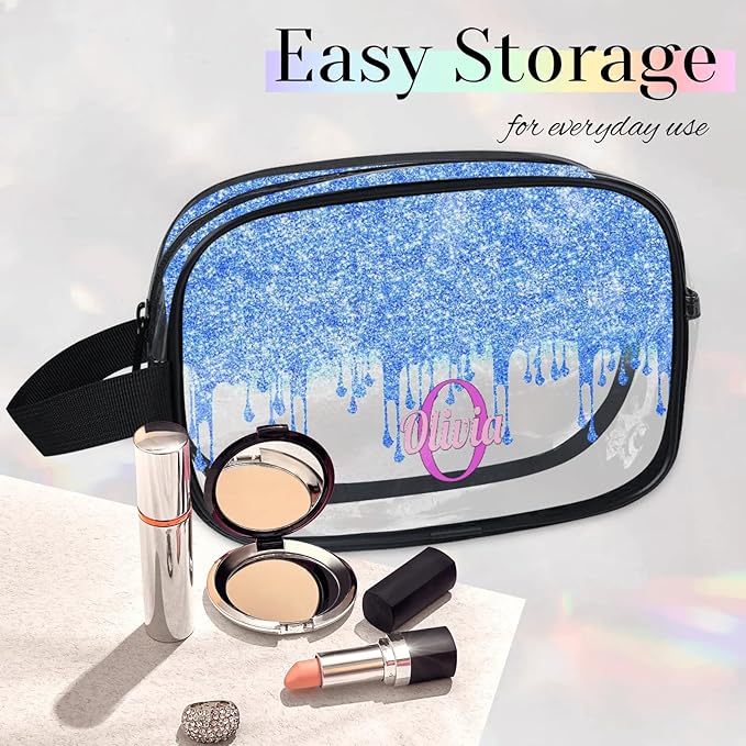 Personalized Travel Transparent Cosmetic Bag Waterproof Makeup Bags, Custom Name Light Sky Blue Curtain Glittering Romantic Organizer Case Clear Toiletries Container Bag