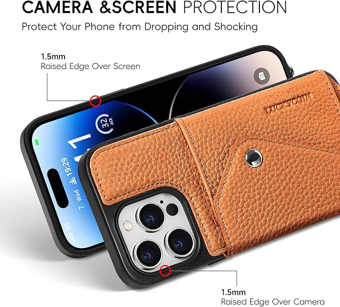 LUCKYCOIN Crossbody Wallet Phone Case for iPhone 14 Pro Max,100% Genuine Leather Wallet Phone Case with Expandable Flip Card Holder,Phone Purse for Women with Adjustable Removable Strap - Pebble Brown