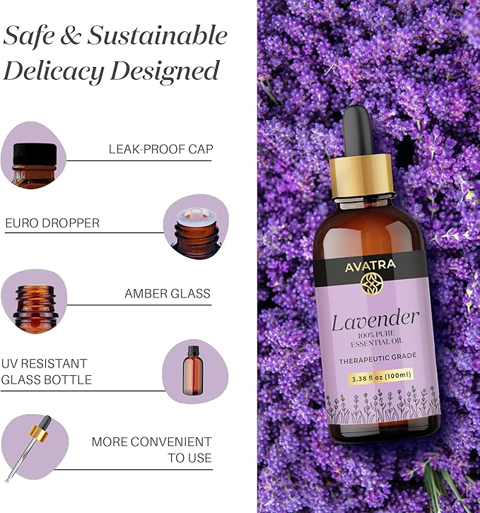 Avatra Lavender Essential Oil 100ML (3.38 OZ) with Glass Dropper and Travel Bottle, Pure and Natural Therapeutic Grade Lavender Oil for Diffuser, Aromatherapy, Massage, and DIY Candle Products