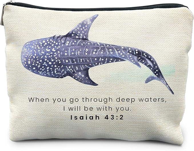 Whale Shark Christian Makeup Bag Pouch, Christian Shark Gifts for Women, Bible Verse Gifts Isaiah 43:2, When you go through deep waters I will be with you
