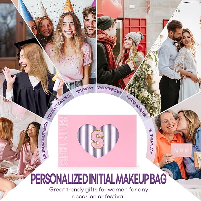 mibasies 2 PCS Initial Makeup Bags for Women: - Birthday Gifts for Teen Girls 11 12 13 14 15 16 Years Old - Preppy Trendy Stuff - Cosmetic Bag for Travel Toiletry - Purple S