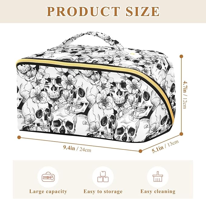 Makeup Organizer Bag, Skull and Flower Travel Makeup Bags Makeup Vanity Case Large Capacity Rhombus Cosmetic Toiletry Bag for Girl Women Ladies