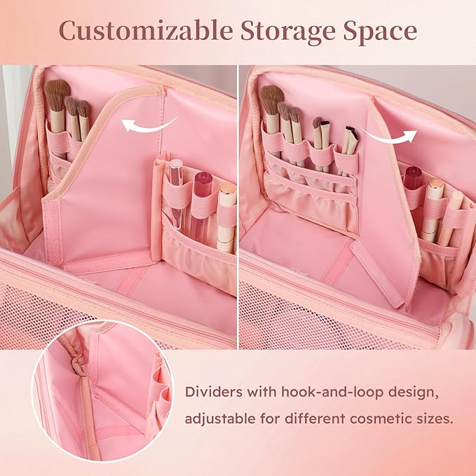MOKURA Quilted Makeup Bag, Large Capacity Cosmetic Bag with Jewelry Organizer, Portable Make up Pouch, Waterproof Travel Toiletry Case with Compartments, Gifts for Women Girls, Pink