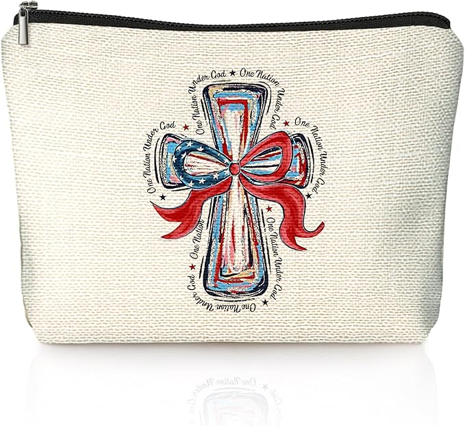 American Flag Bow Patriotic Aesthetic 4th of July Makeup Bag,July 4th Girly Cosmetic Bagsfor Women, Red White and Blue USA Toiletry Bag for Women, cosmetic bag, makeup case