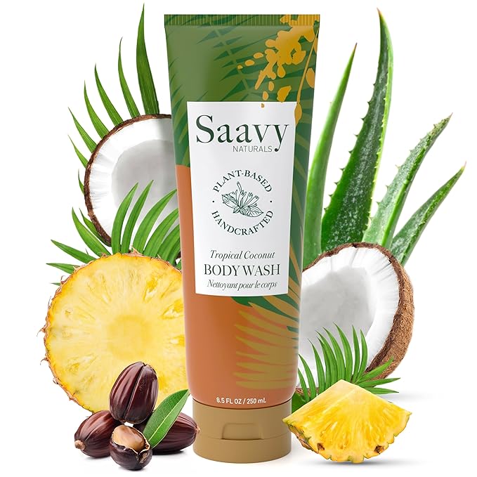 Saavy Naturals Body Wash Tropical Coconut Plant-Based Ingredients| Made In Usa | Sensitive Skin Body Wash, l Organic & Vegan Formula With Coconut Oil, Shea Butter, And Aloe Vera - 8.5 Fl Oz