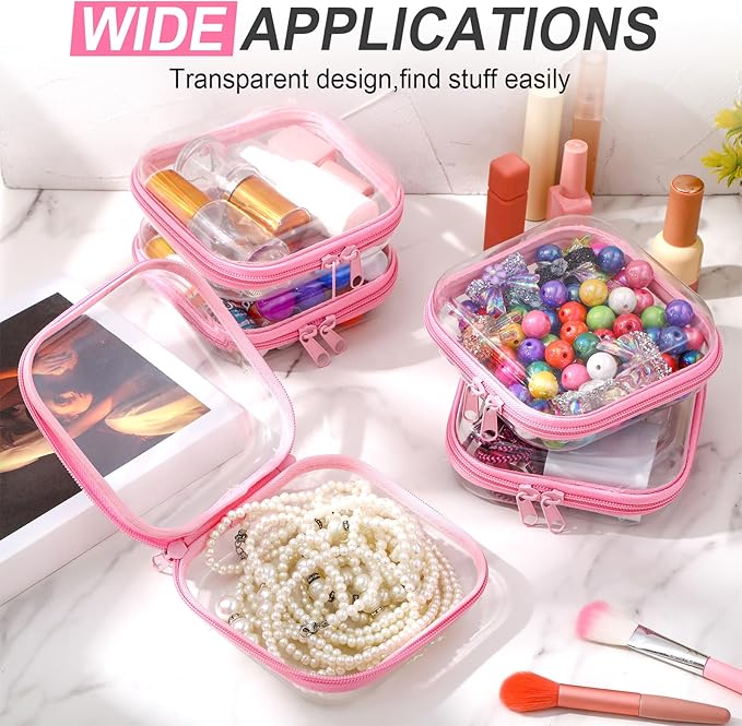Sanwuta 6 Pcs Clear Hard Zipper Case Hard Plastic Zipper Pouches Makeup Bag Pencil Pouches Transparent Cases for Snacks Plastic Storage Organizer Box for Travel(Pink,5 x 5 x 2 Inch)