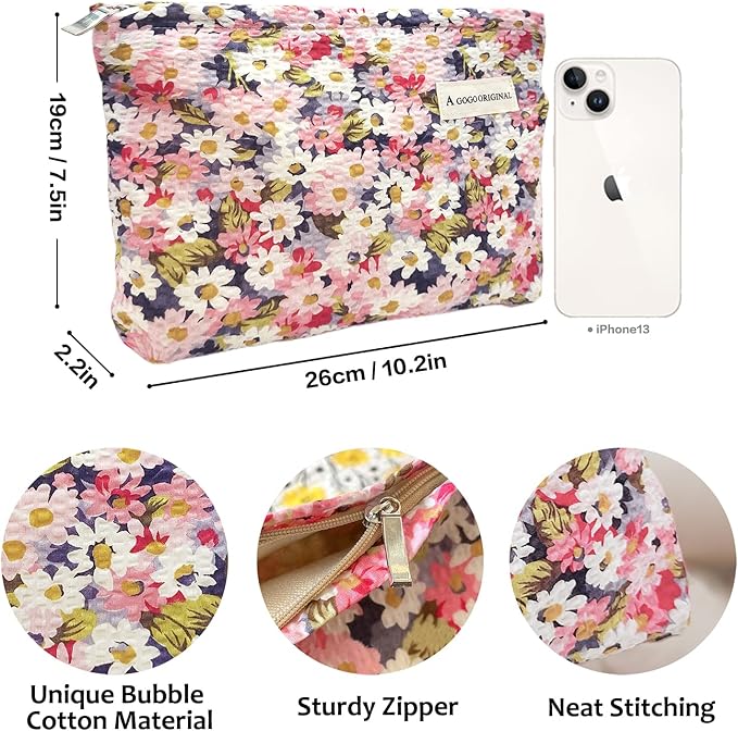STARDW Aesthetic Floral Makeup Bag Cute Small Cosmetic Bags for Women Girls, Travel Toiletry Bag Large Capacity Zipper Makeup Pouch, Purse Organizer Pouches (Colorful Daisies)