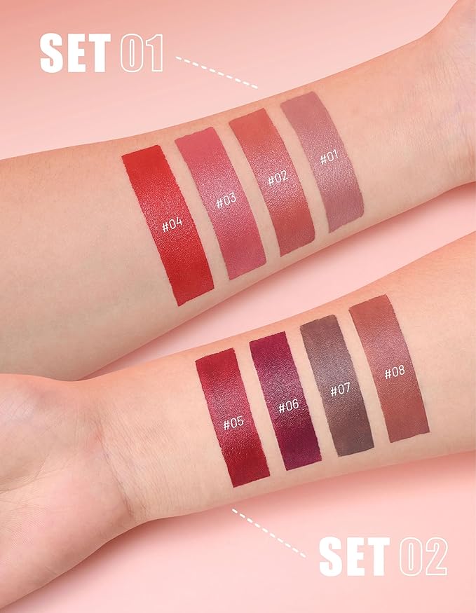 Erinde Matte Lipstick Crayon Set, 4 Colors 24 Hour Long-Lasting Waterproof Velvet Lip Crayons, Warm Red Berry Plum Taupe Brown Nude Brown Neutral Lip Liner Pencil for Women, Vegan & Cruelty-Free