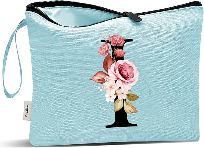 Vavabox A-Z Personalized Makeup Bag, Birthday Gifts for Women Mom, Gifts for Best Friend, Bride Bridesmaid Cosmetic bag (I, Green)