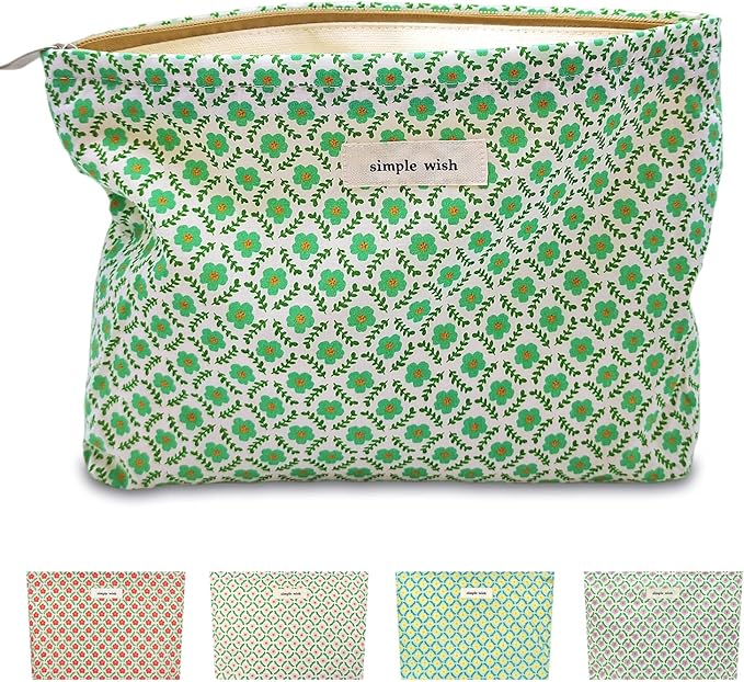 STARDW Aesthetic Floral Makeup Bag Cute Small Cosmetic Bags for Women Girls, Travel Toiletry Bag Large Capacity Zipper Makeup Pouch, Purse Organizer Pouches (Green Flora)