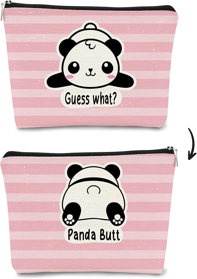 Panda Gifts Pink Makeup Bag,Gifts for Panda Lover Wonmen Girls,Cute Baby Panda Guess What It's Pug Butt Cosmetic Bag,Makeup Case for Teen Girls Daughter, Panda Accessories(Pink Stripe)